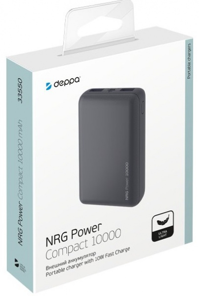 Внешний аккумулятор Deppa NRG Power Compact 10000 mah, 2.1A, 2xUSB. компактный, серый фото 2