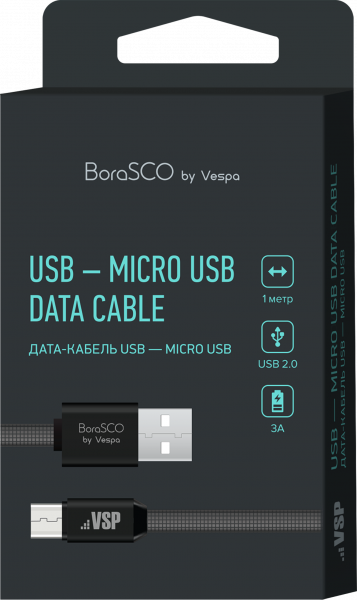 Дата-кабель BoraSCO USB - Micro USB, 3А, 1м, металл, в нейлоновой оплетке, плоский, черный фото 1