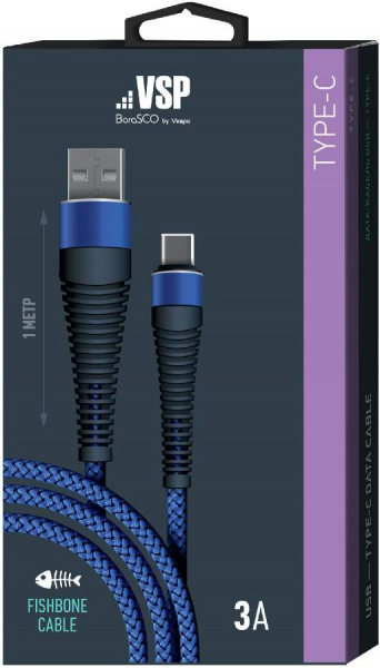 Дата-кабель BoraSCO USB - Type C, 3А, 1м, Fishbone, в нейлоновой оплетке, витой, темно-синий фото 2