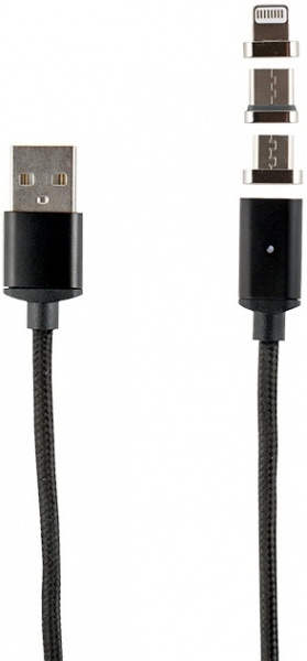 Дата-кабель Red Line Магнитный USB -Type-C/8 - pin/micro USB (3 в 1) нейлоновая оплетка, черный фото 1