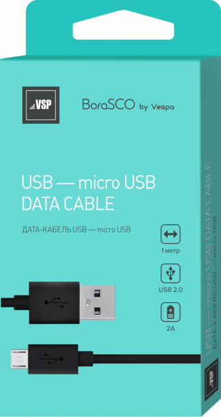 Дата-кабель BoraSCO USB - Micro USB, 2А 1м, черный фото 1